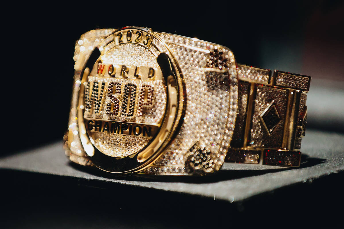 The $10,000 buy-in No-limit Hold’em World Championship bracelet is seen during the World ...