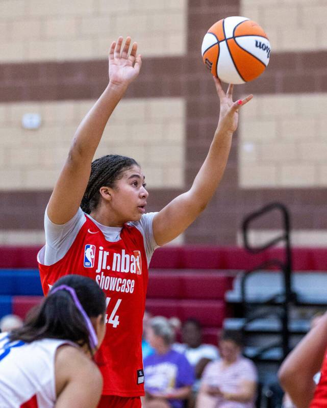 Nation Williams (44) elevates for a basket during a Jr.NBA showcase scrimmage of U.S players ve ...