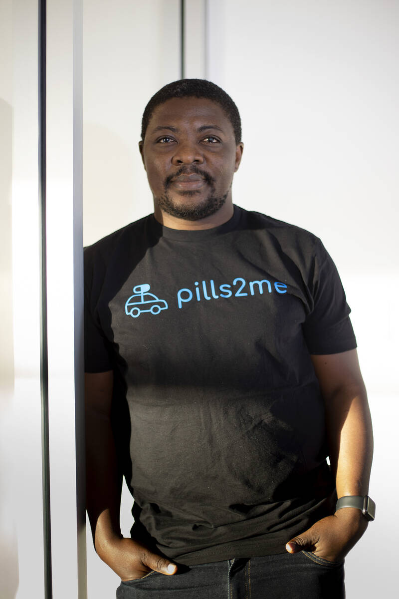 Leslie Asanga, CEO of Pills2Me, poses for a portrait at his office in February 2021 in Las Vega ...