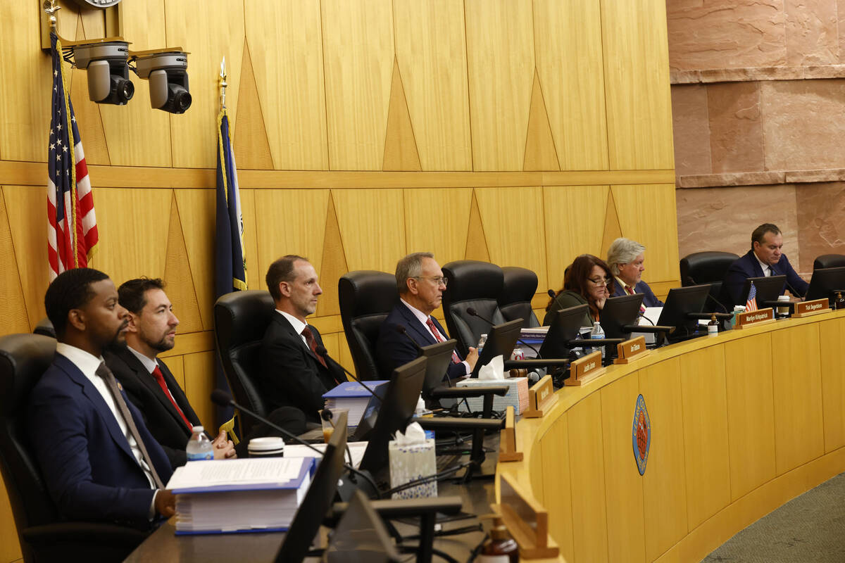 The Las Vegas Valley Water District's board members listen during a public meeting on Tuesday, ...