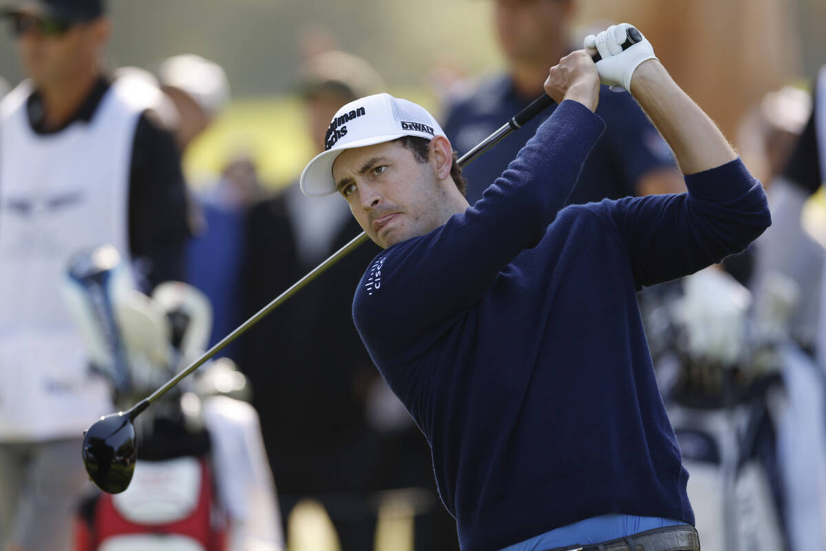 Patrick Cantlay hits from the 11th tee during the final round of the Genesis Invitational golf ...