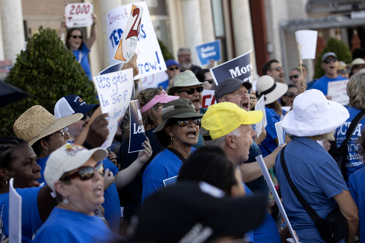 Educators with the Clark County Education Association protest outside Superintendent Jesus Jara ...