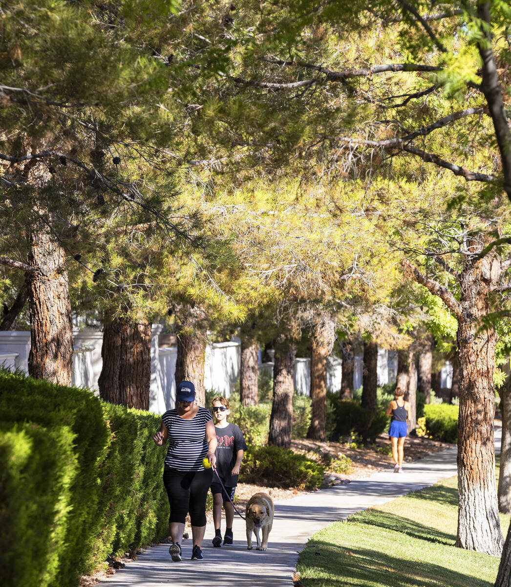 Pedestrians walk on a tree-covered sidewalk along Green Valley Parkway on Thursday, July 20, 20 ...