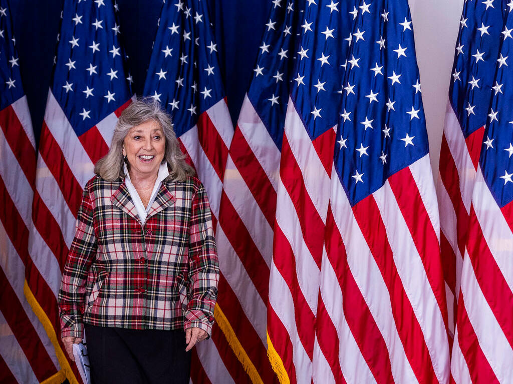 Congresswoman Dina Titus arrives to deliver a speech at the UNLV William F. Harrah College of H ...