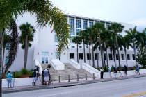 News media wait outside of the Alto Lee Adams Sr. U.S. Courthouse where their is a pretrial con ...