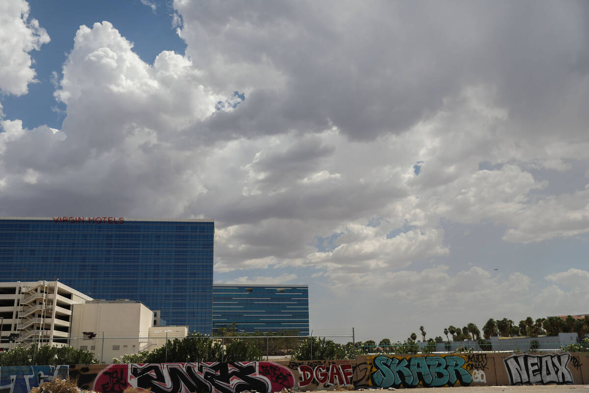 Potential storm clouds brew over the Strip on Sunday, July 23, 2023, in Las Vegas. (Daniel Pear ...