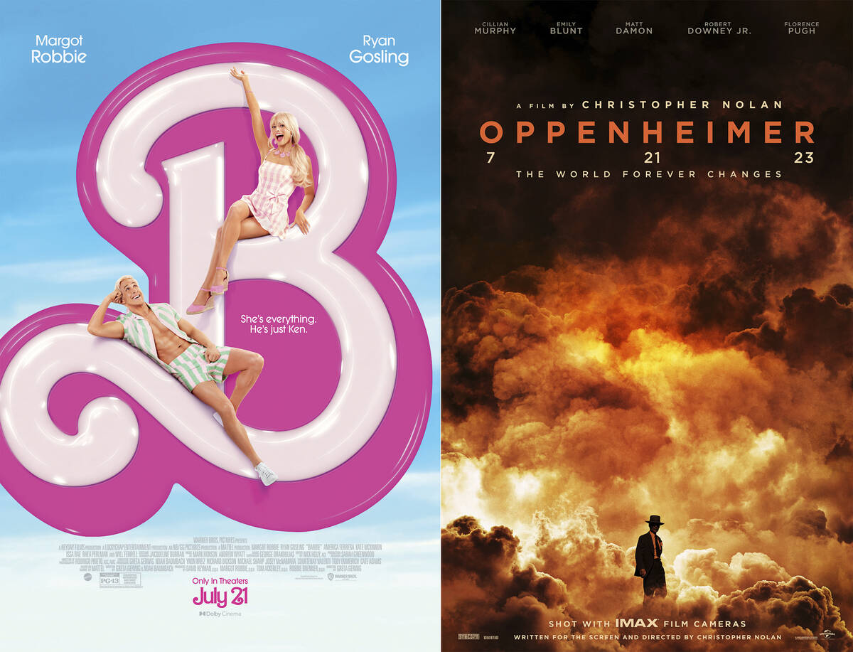 This combination of images shows promotional art for "Barbie," left, and "Oppenh ...