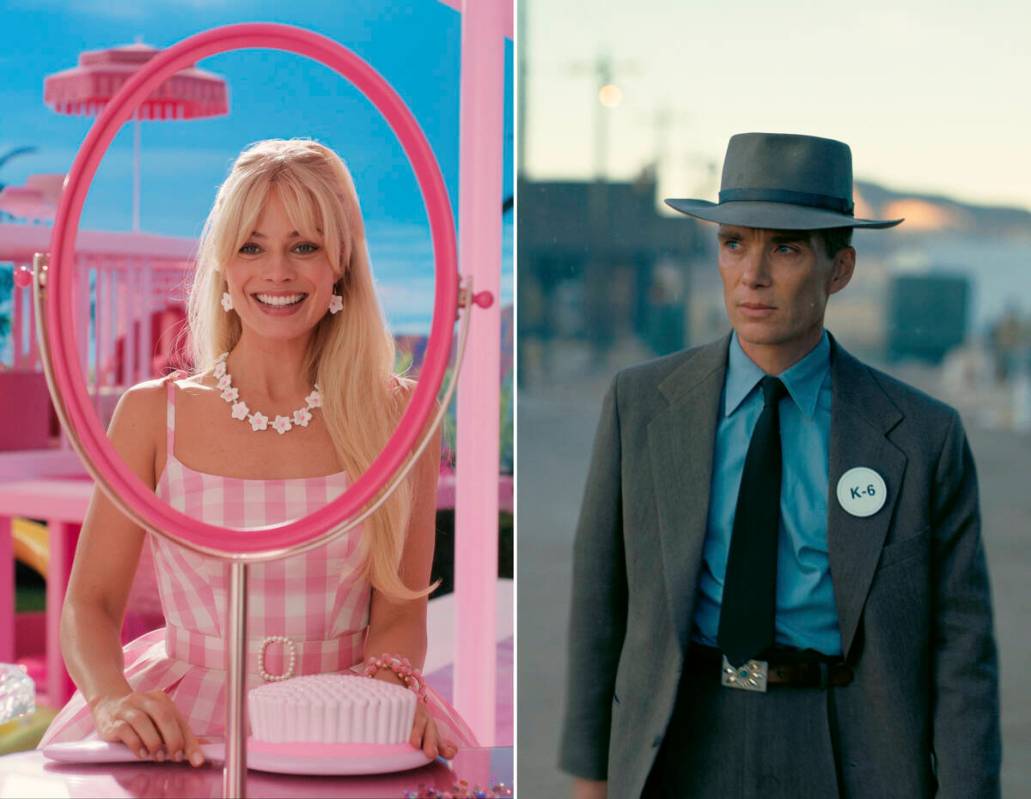 This combination of images shows Margot Robbie in a scene from "Barbie," left, and Ci ...