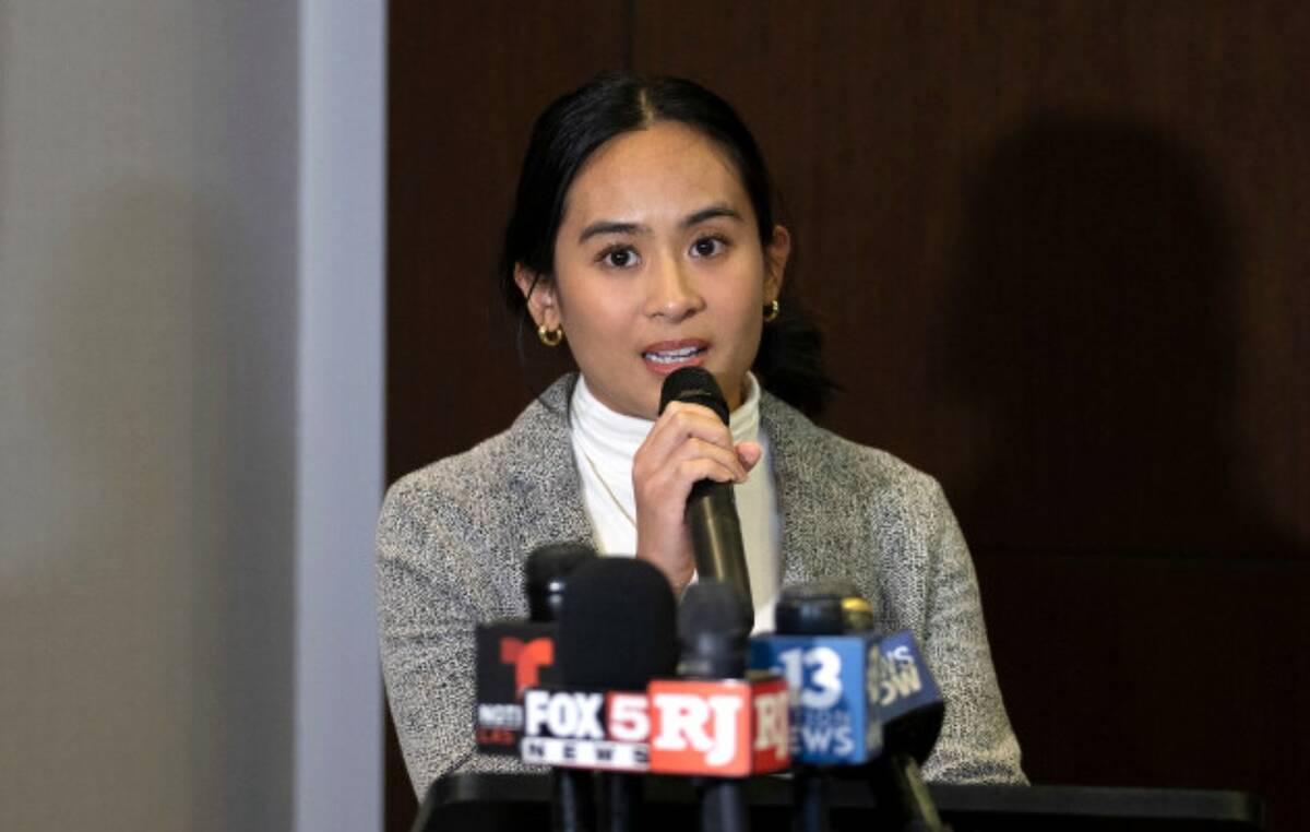 Angelyn Tabalba, communications director for the Nevada Conservation League, speaks during a ne ...