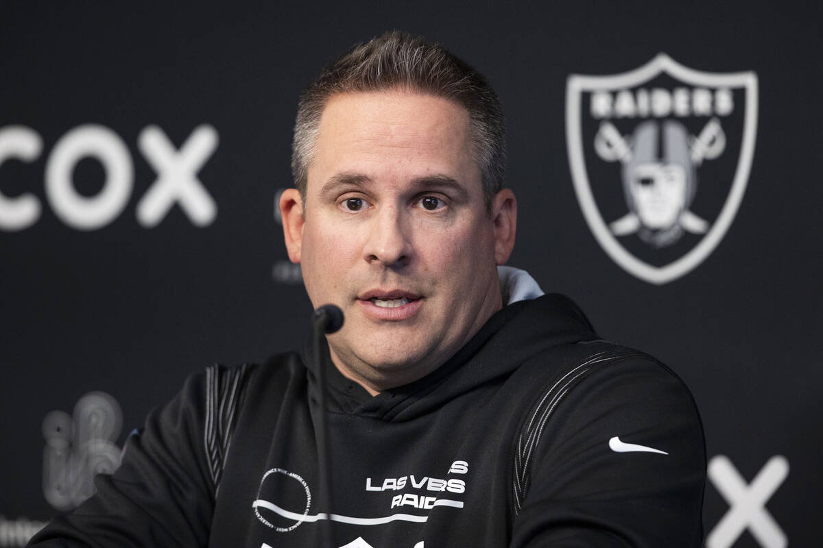 Raiders head coach Josh McDaniels speaks during a news conference at Intermountain Health Perfo ...