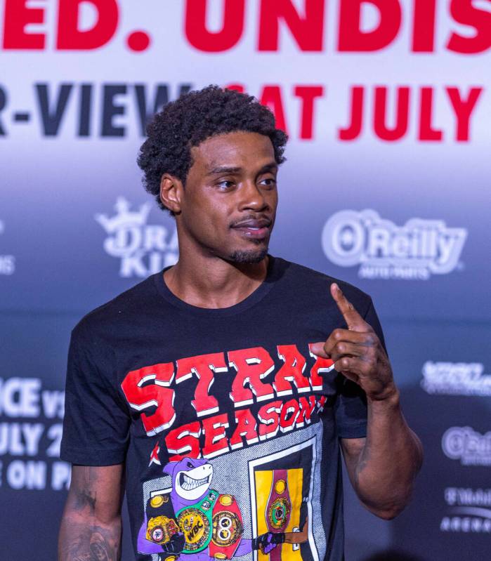 Welterweight boxer Errol Spence Jr., signals to fans during grand arrivals inside the MGM Grand ...