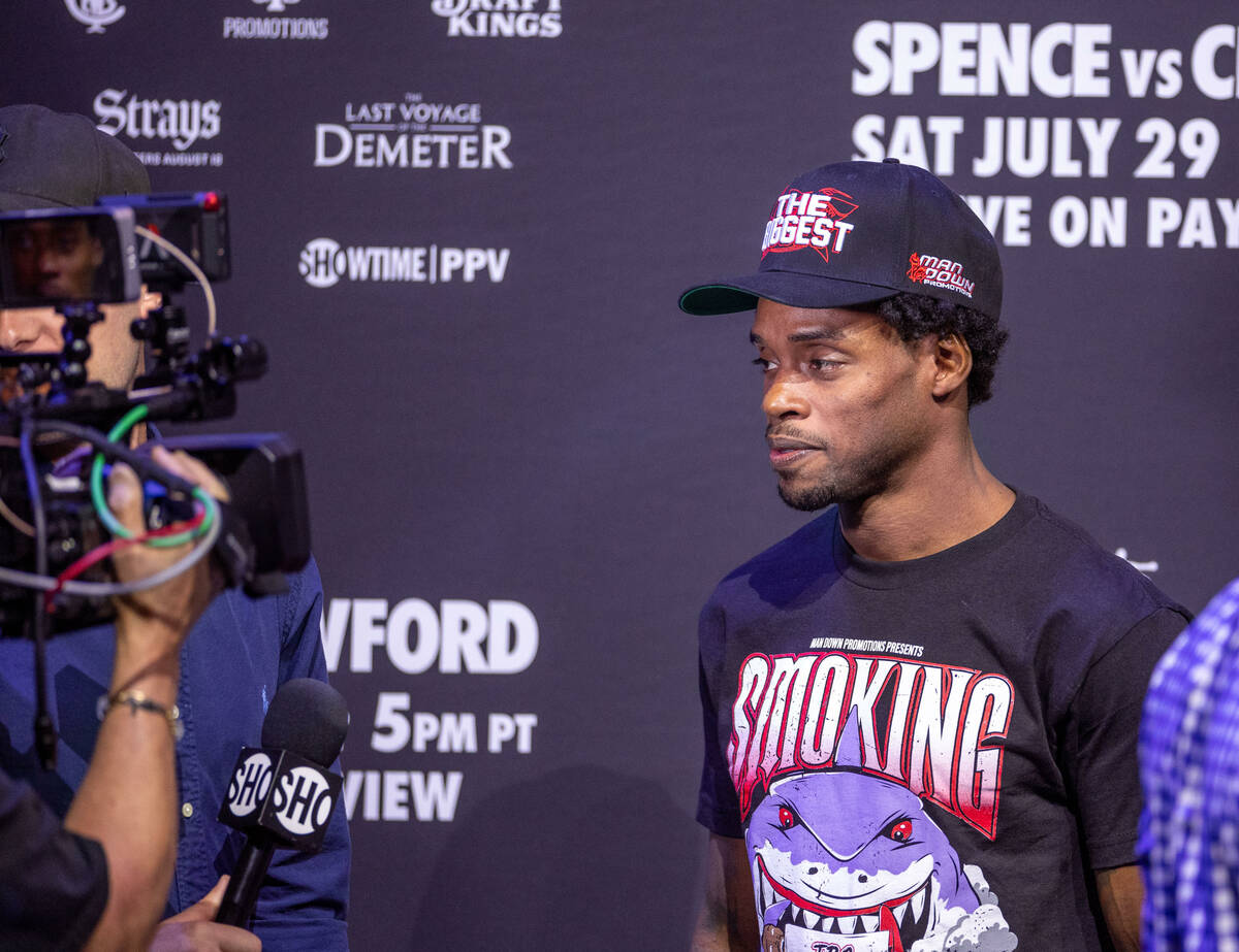 Boxer Errol Spence Jr. talks in an interview after the final press conference with Terence Craw ...