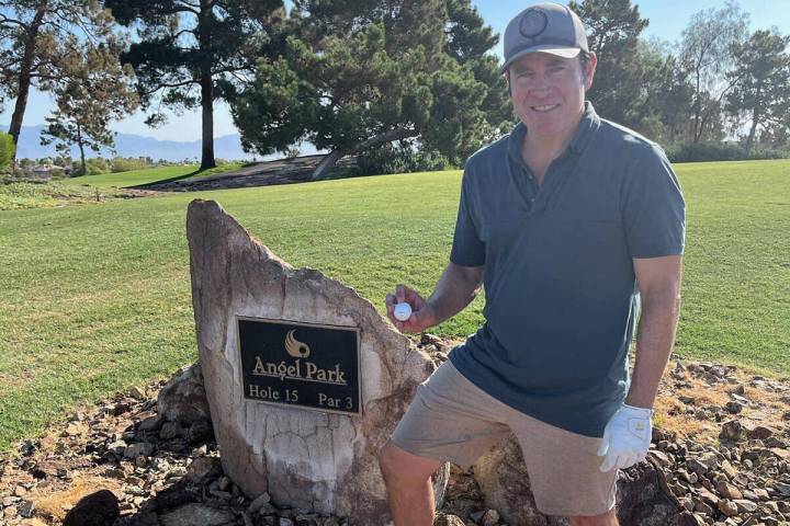 Harry Shahoian is shown at Angel Park Golf Course, after hitting a hole-in-one on Wednesday, Ju ...