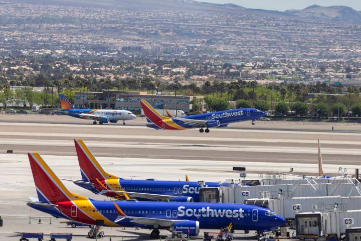 A Southwest Airlines jet takes off from Harry Reid International Airport, on Friday, April 21, ...