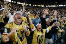 Golden Knights fans celebrate after Mark Stone scored a goal in Game 5 of the Stanley Cup Final ...