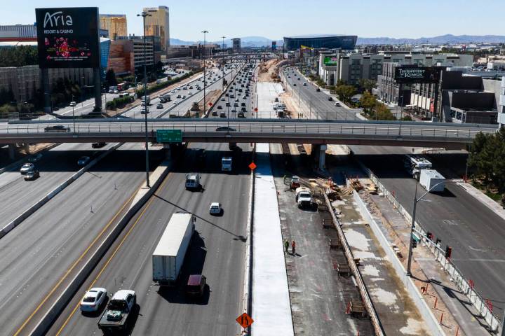 Harmon Avenue bridge is seen as construction is underway on Interstate 15 near Tropicana Avenue ...