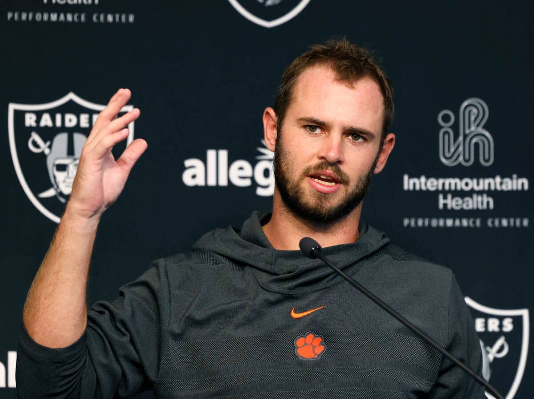 Raiders wide receivers Hunter Renfrow addresses the media at the Intermountain Health Performan ...