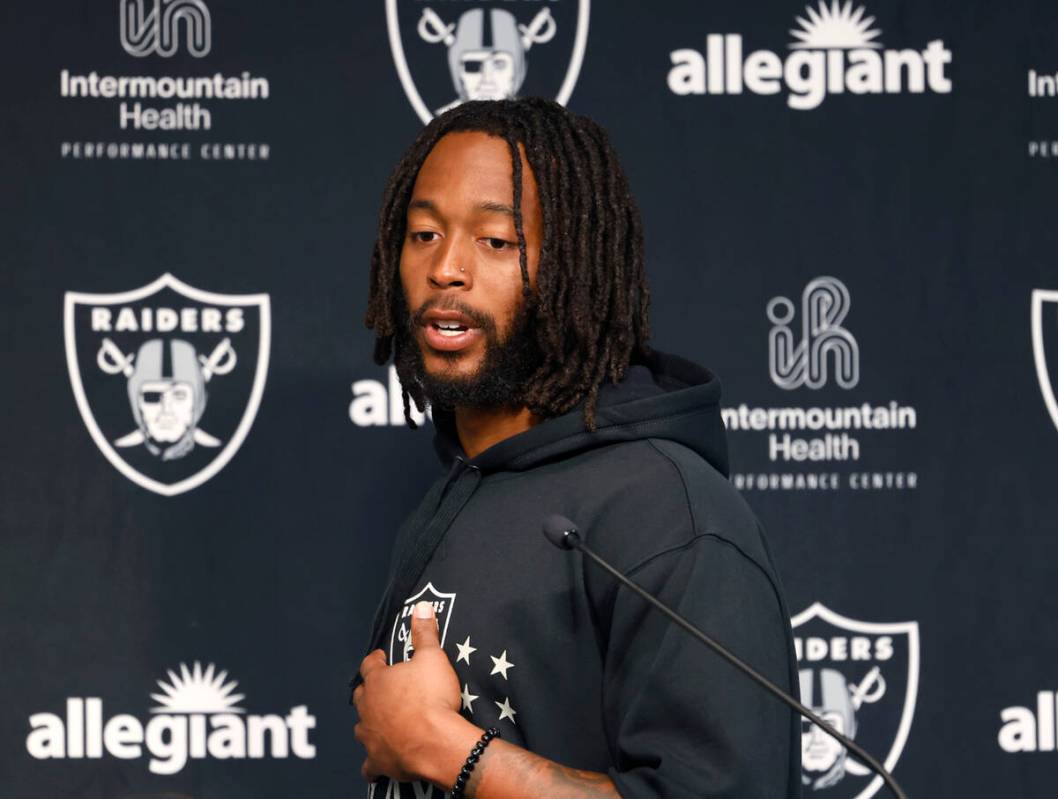 Raiders wide receiver Jakobi Meyers addresses the media at the Intermountain Health Performance ...