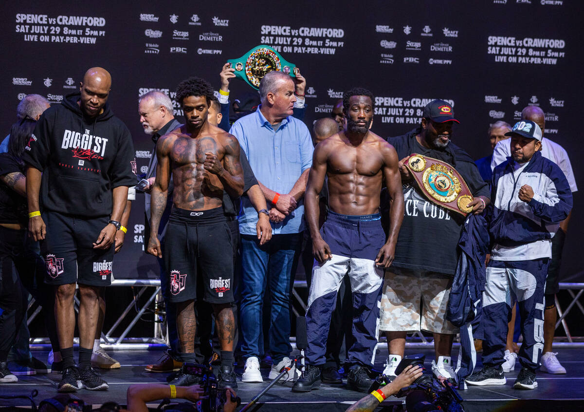 Boxers Errol Spence Jr. and Terence Crawford and teams come together following their weigh-ins ...