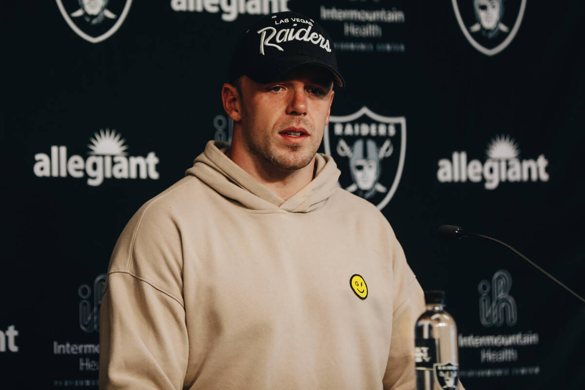 Raiders linebacker Robert Spillane speaks to the media during training camp at the Intermountai ...