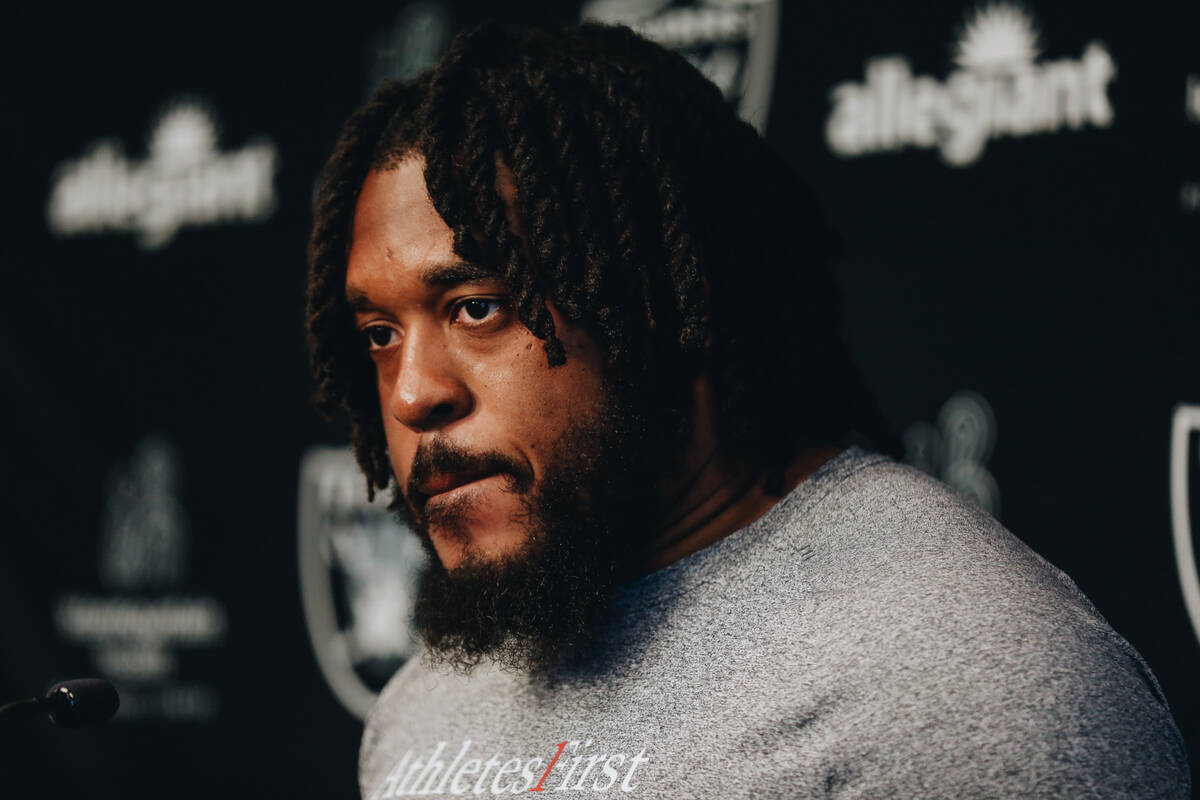 Raiders offensive guard Dylan Parham speaks to the media during training camp at the Intermount ...