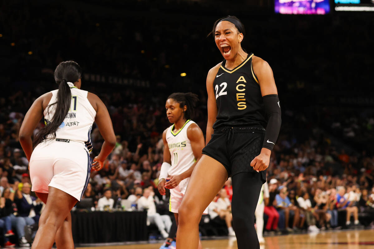 Las Vegas Aces forward A'ja Wilson (22) screams with excitement after making a shot during a WN ...