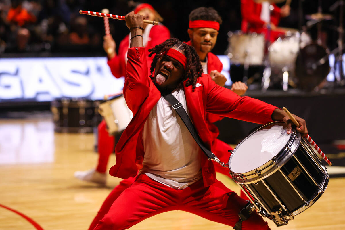 The Pack Drumline, an America’s Got Talent winner, performs during a WNBA basketball gam ...
