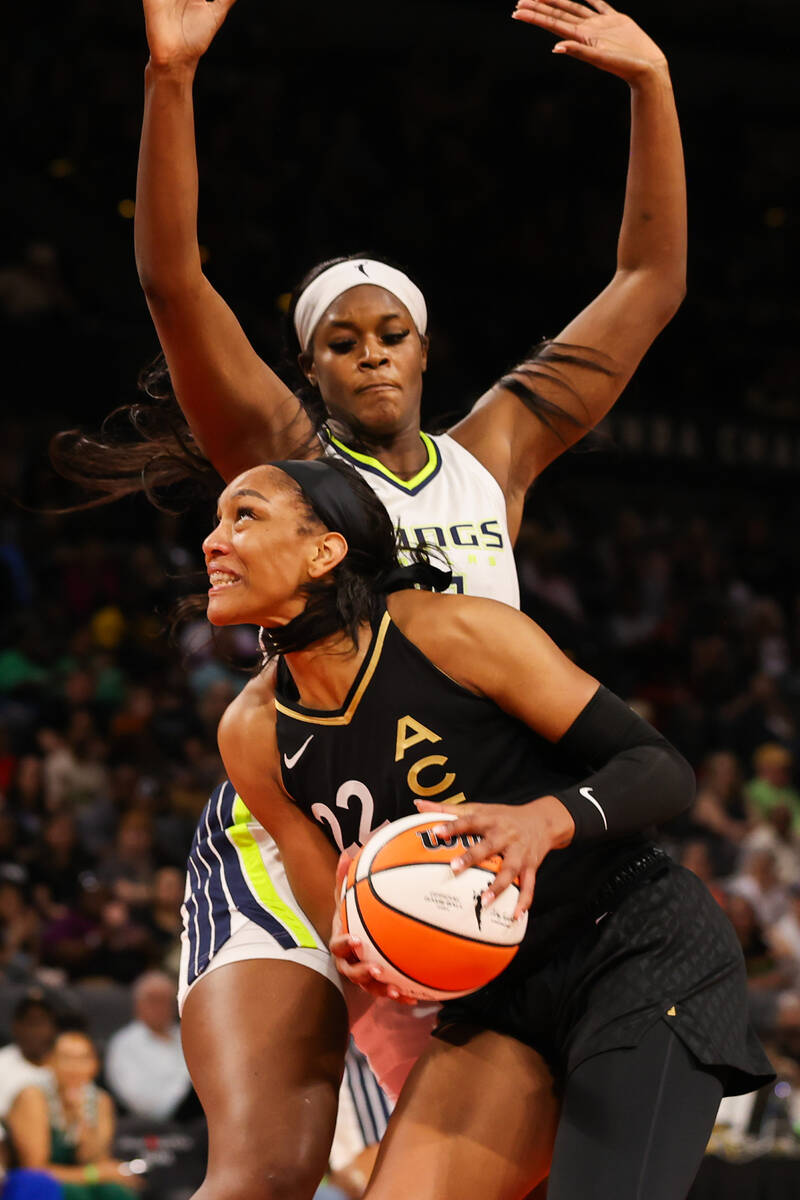 Las Vegas Aces forward A'ja Wilson (22) goes in for a layup during a WNBA basketball game again ...