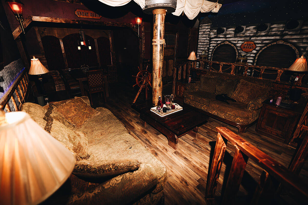 The living room inside of a pirate-themed house is seen on Wednesday, July 26, 2023, on Sam Jon ...