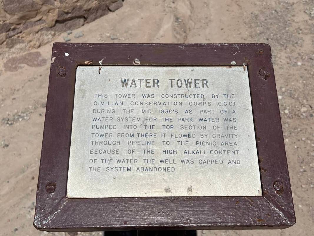 A sign at Cathedral Gorge State Park marks an abandoned water tower on July 8, 2023. (Carri Gee ...