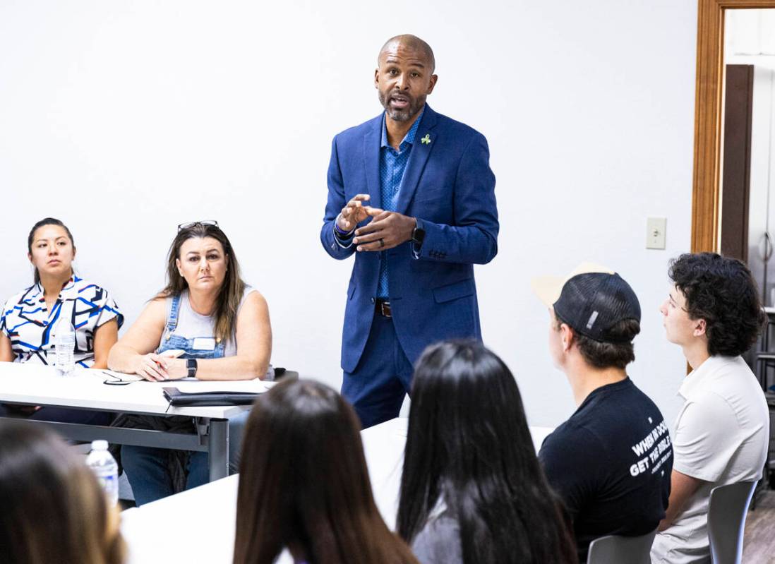 Dr. Sheldon Jacobs, Hope Means Nevada board member, speaks to high school students during a you ...