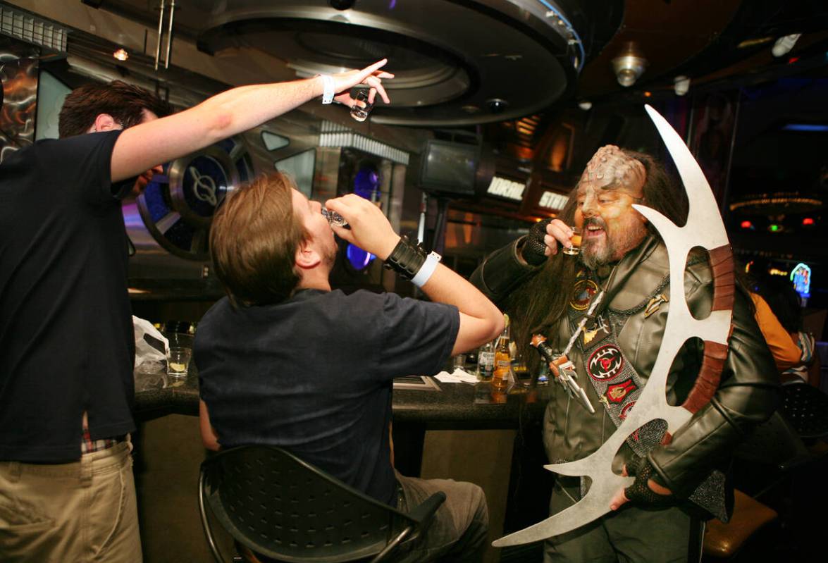 "Star Trek" fan James Cormani of Boulder, Colorado, dressed as a Klingon, drinks shots with Wil ...