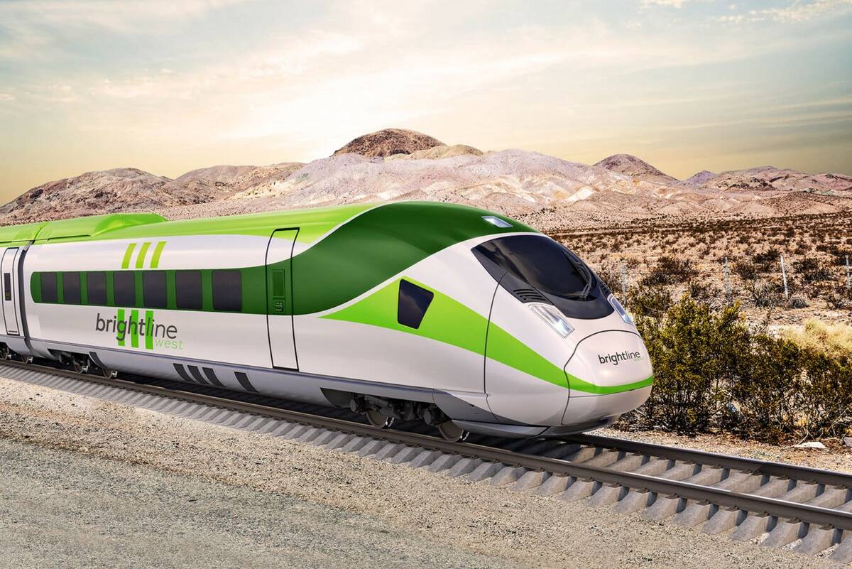 A rendering of a Brightline West train on Interstate 15 between Las Vegas and Los Angeles. (Bri ...