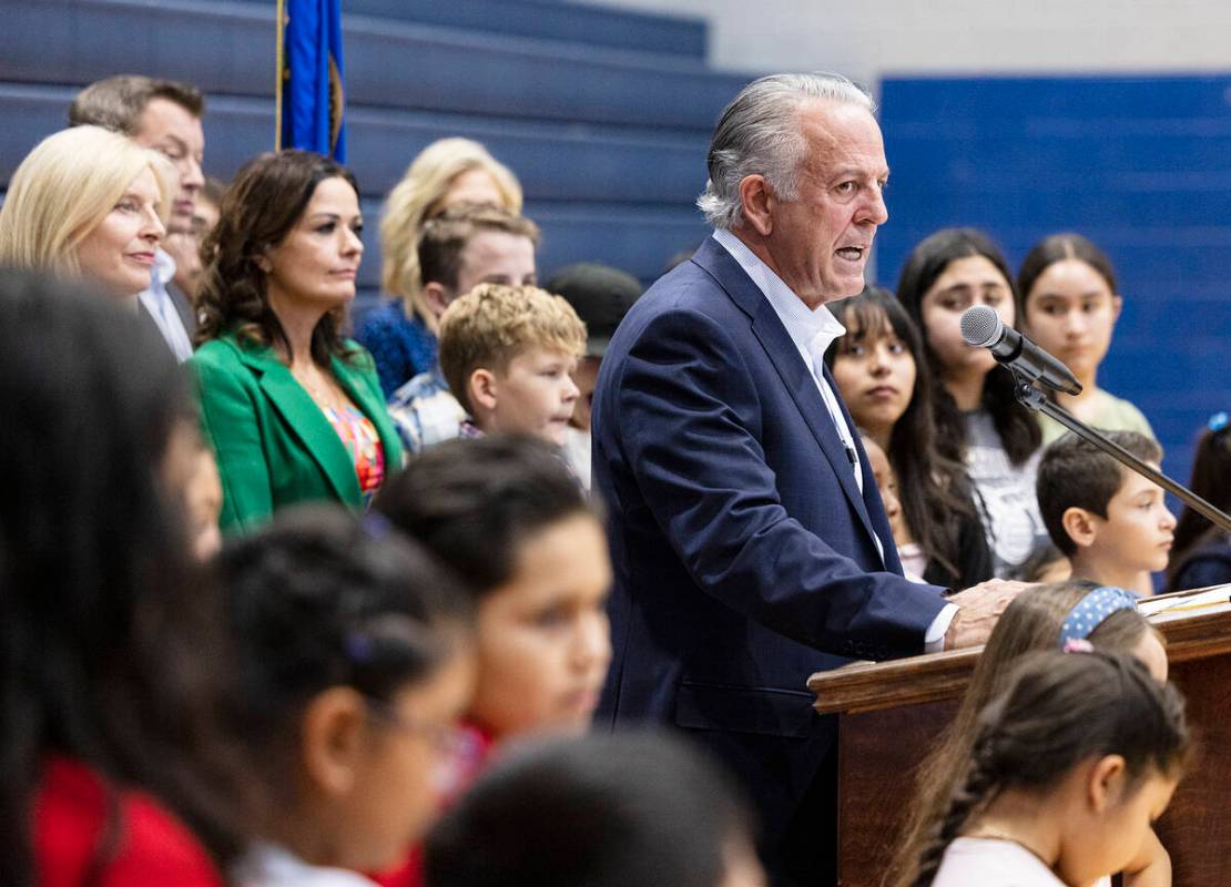 Gov. Joe Lombardo speaks during a "school choice" rally at Saint Anne Catholic School on Friday ...