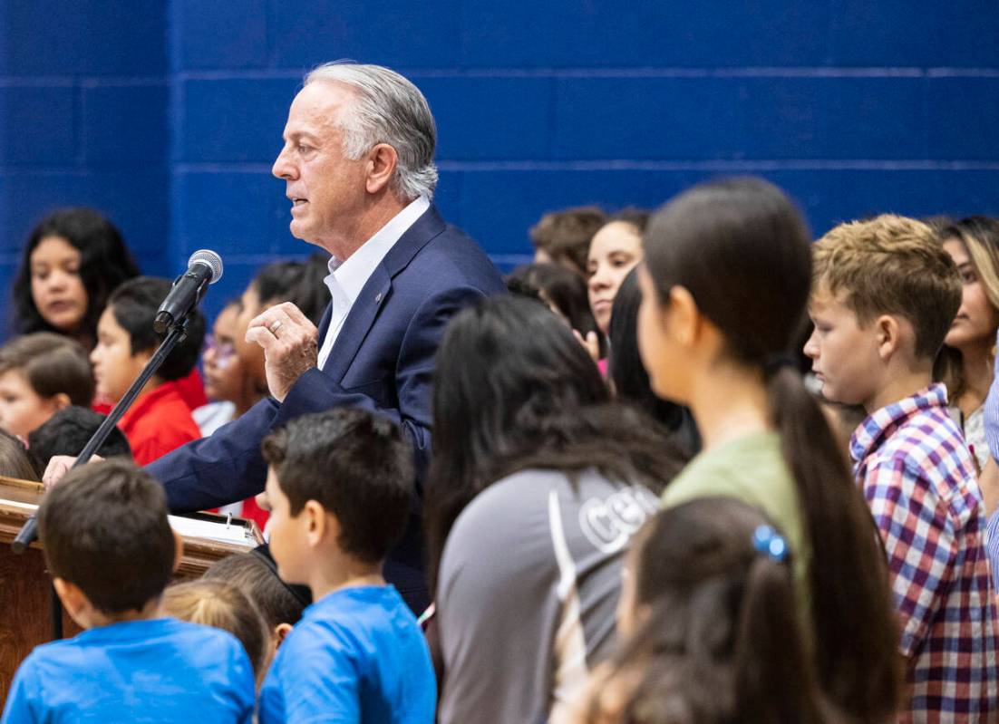 Gov. Joe Lombardo speaks during a "school choice" rally at Saint Anne Catholic School on Friday ...