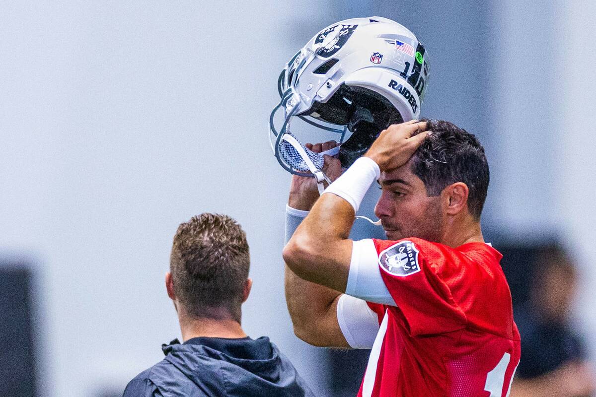 Raiders quarterback Jimmy Garoppolo (10) looks on during training camp at the Intermountain Hea ...