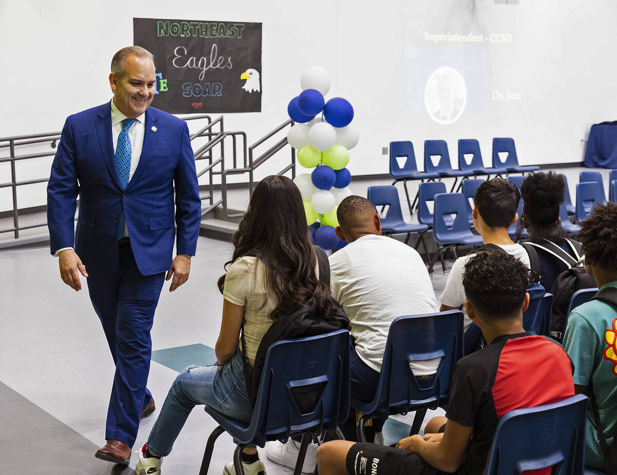 CCSD Superintendent Dr. Jesus F. Jara arrives at Northeast Career and Technical Academy, to att ...