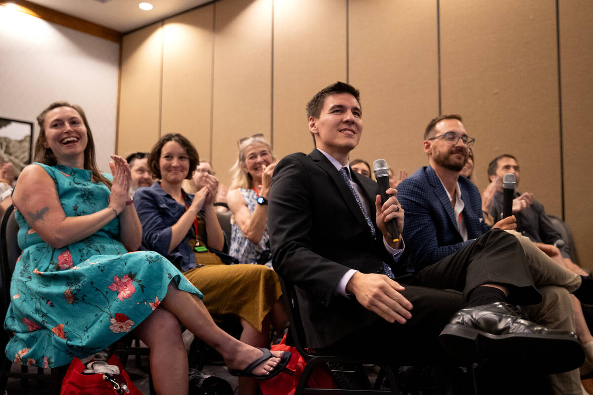 Las Vegan James Holzhauer, center right, a professional sports gambler and former Jeopardy winn ...