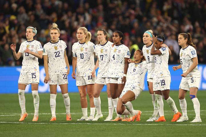 United States' team react during a penalties' shootout during the Women's World Cup round of 16 ...