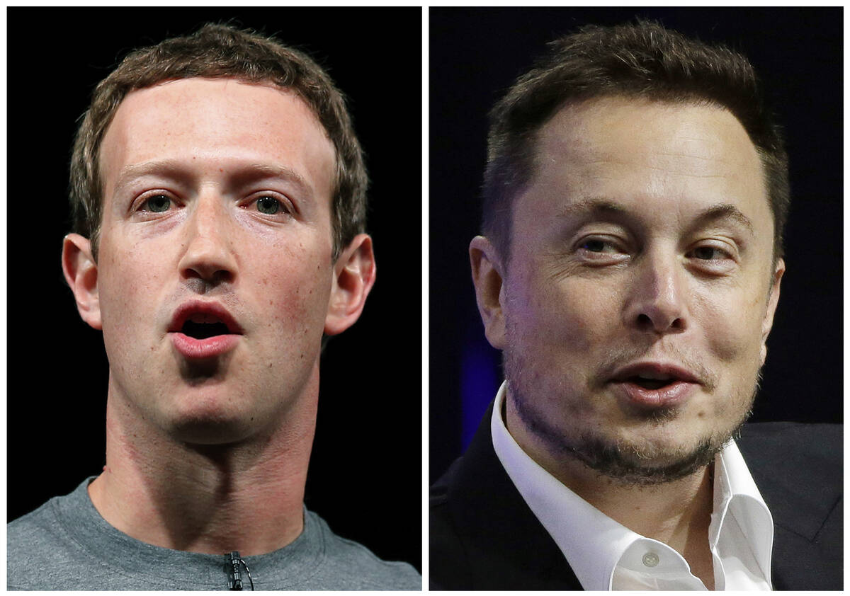 FILE - This combo of file images shows Facebook CEO Mark Zuckerberg, left, and Tesla and SpaceX ...