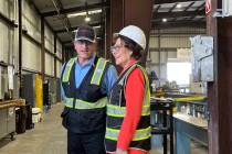 Sen. Jacky Rosen, D-Nev., right, listens to Nick Janevski, plant manager for Unimacts, at the c ...