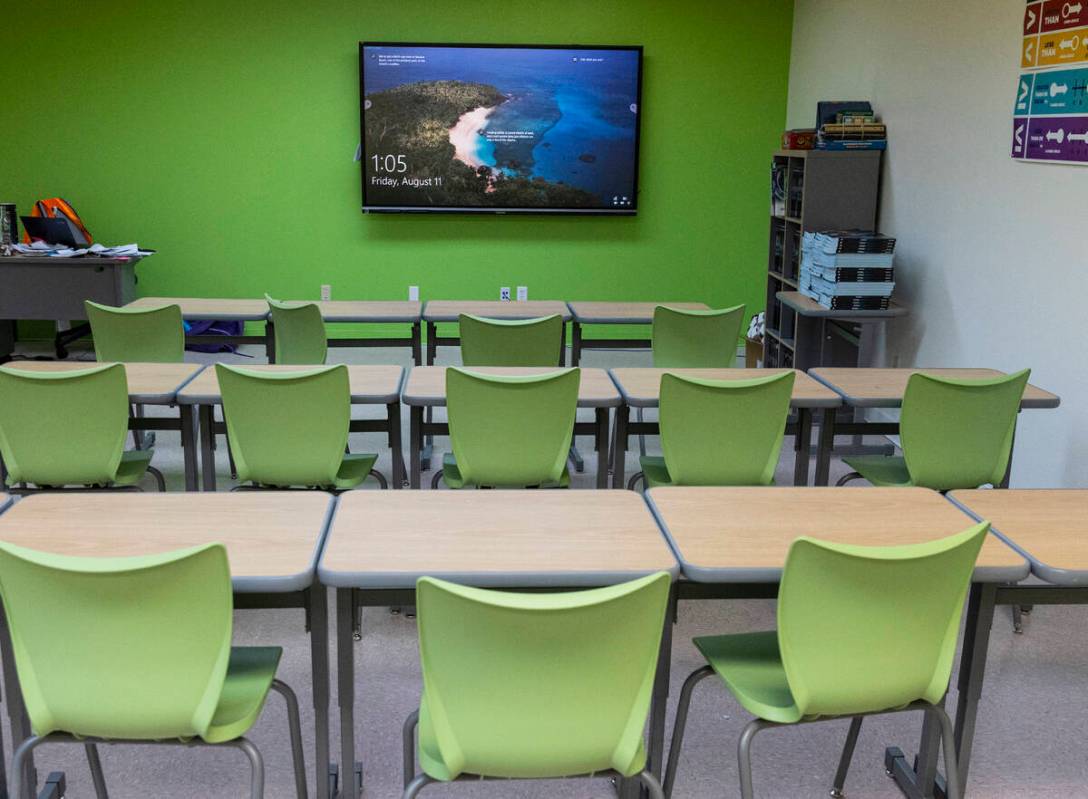 A smart board is displayed at the Southern Nevada Trades High School, on Friday, Aug 11, 2023, ...