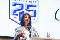 Gloria Nevarez, commissioner of the Mountain West Conference, speaks during football media days ...