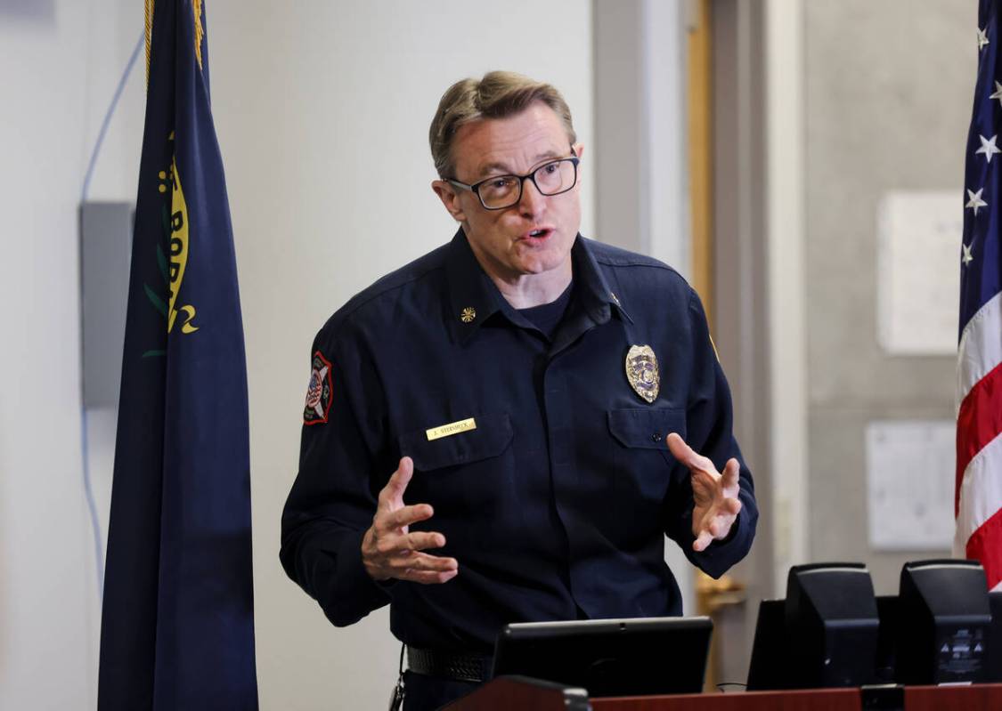 Clark County Fire Chief John Steinbeck addresses the media about the massive June fire at an ap ...