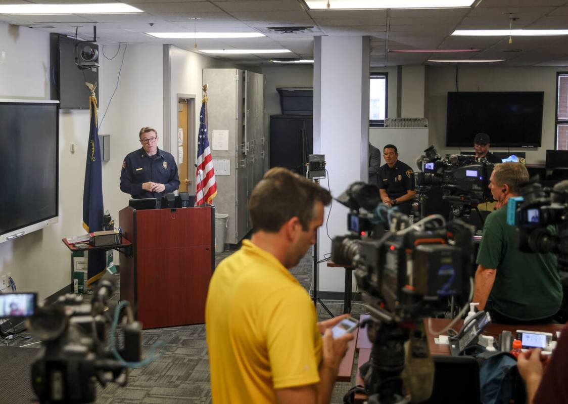 Clark County Fire Chief John Steinbeck addresses the media about the massive June fire at an ap ...