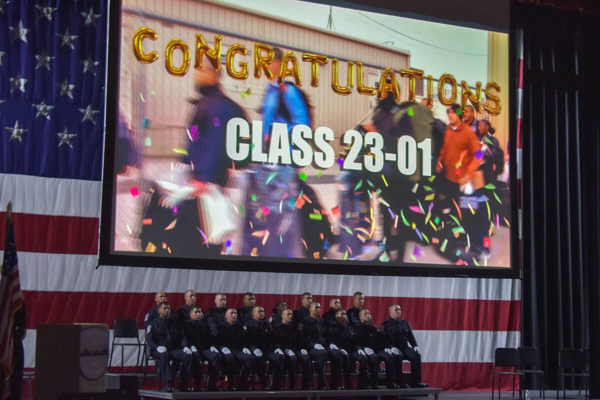 The graduating class of officers for the North Las Vegas Police and the CCSD Police watch a vid ...