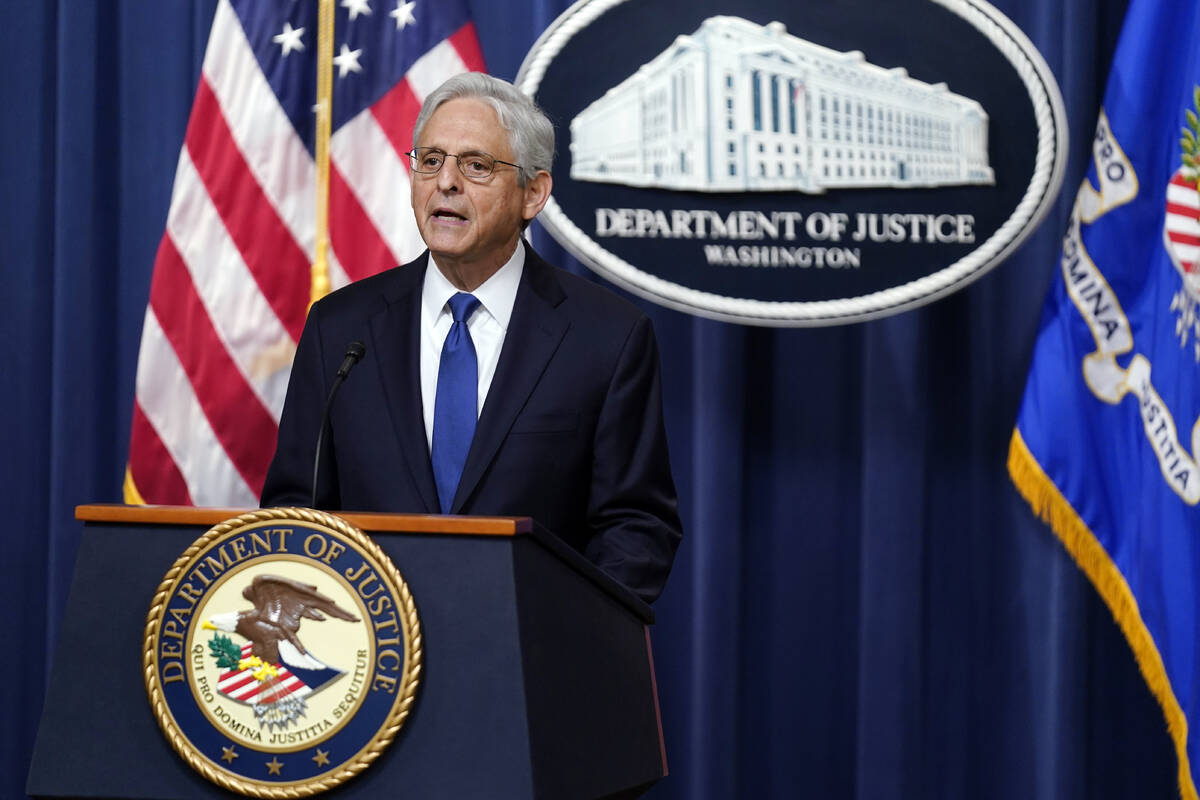 Attorney General Merrick Garland speaks at the Department of Justice on Friday, Aug. 11, 2023, ...