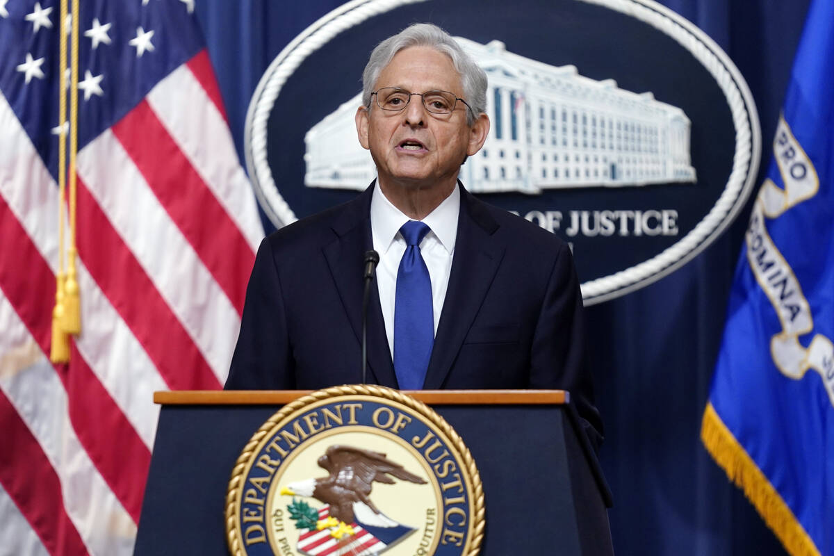 Attorney General Merrick Garland speaks at the Department of Justice on Friday, Aug. 11, 2023, ...