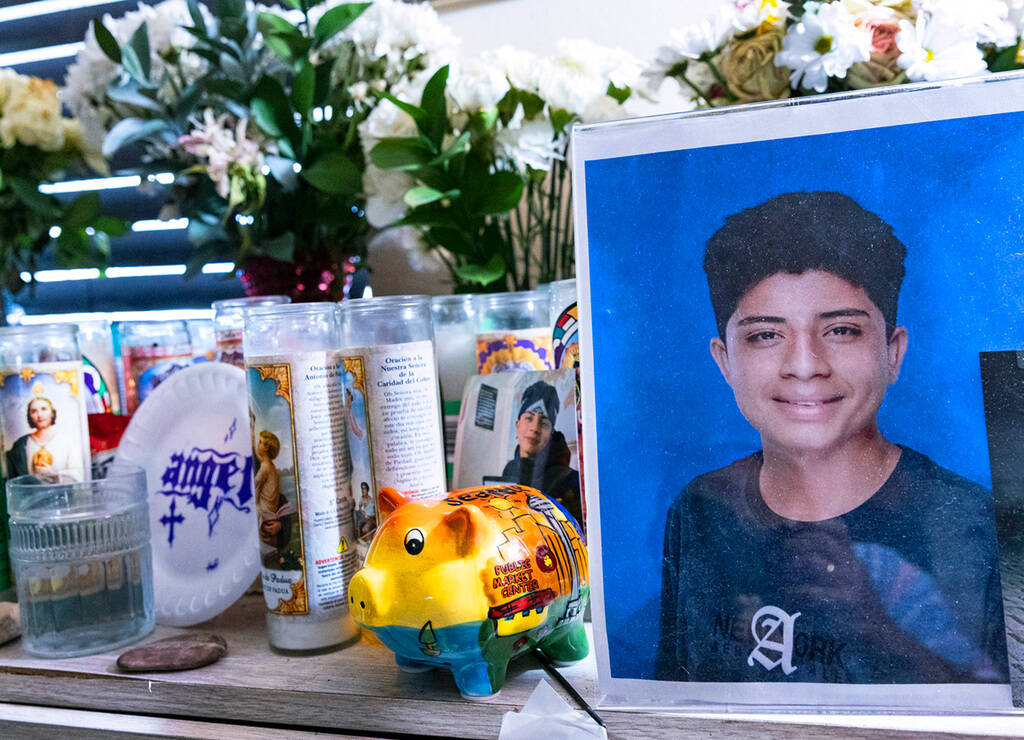 A memorial to Angel Naranjo is seen at his family home on Tuesday, Aug. 8, 2023, in Las Vegas. ...