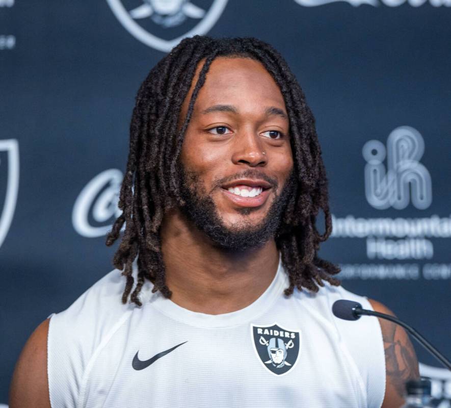 Raiders wide receiver Jakobi Meyers (16) listens to a question in a press conference during tra ...